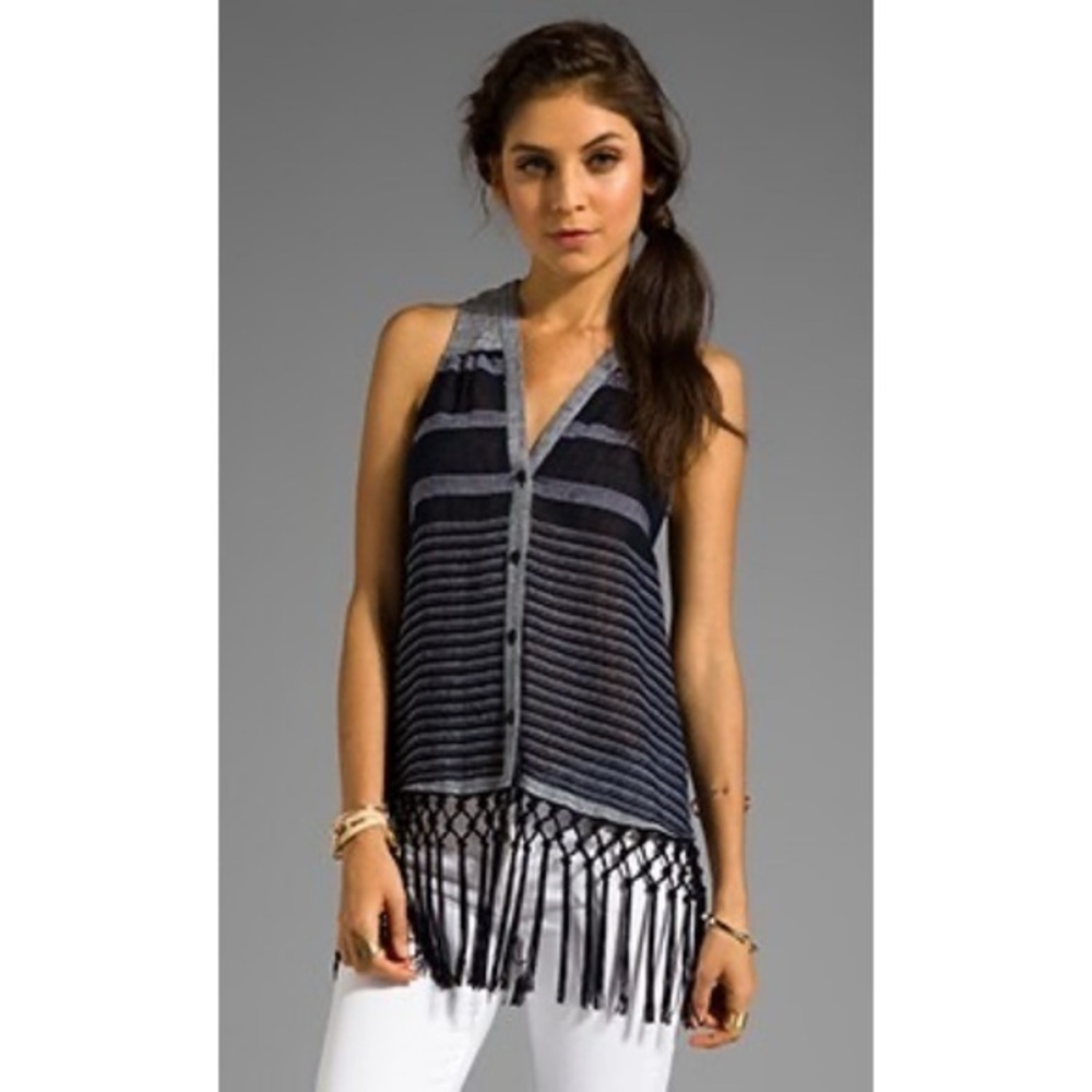 Rebecca Minkoff Maui Navy Fringed Linen Blend Vest Size‎ X-Small